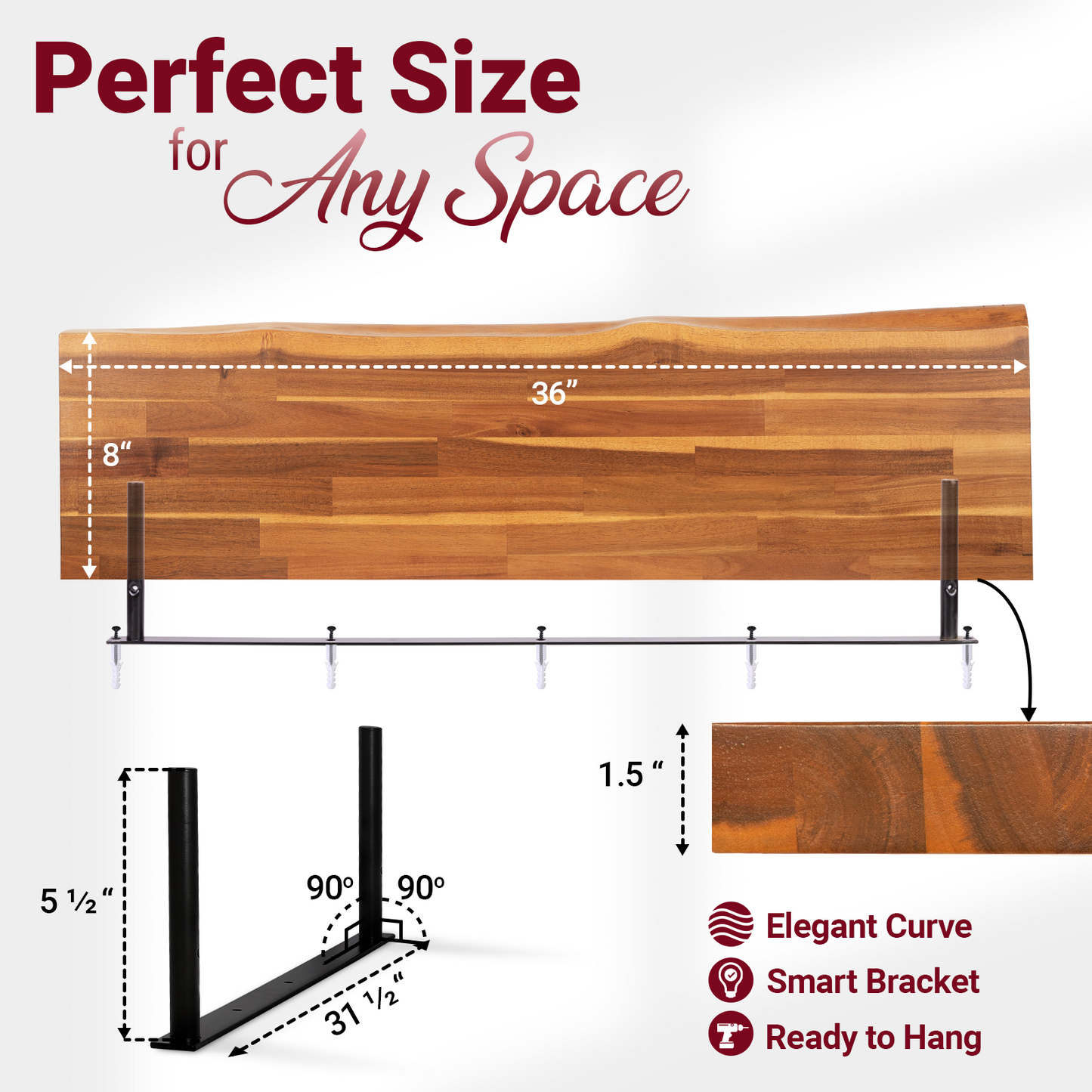 theVIEs Live Edge Floating Shelves Set of 2, 100% Solid Wood, Teak Finish