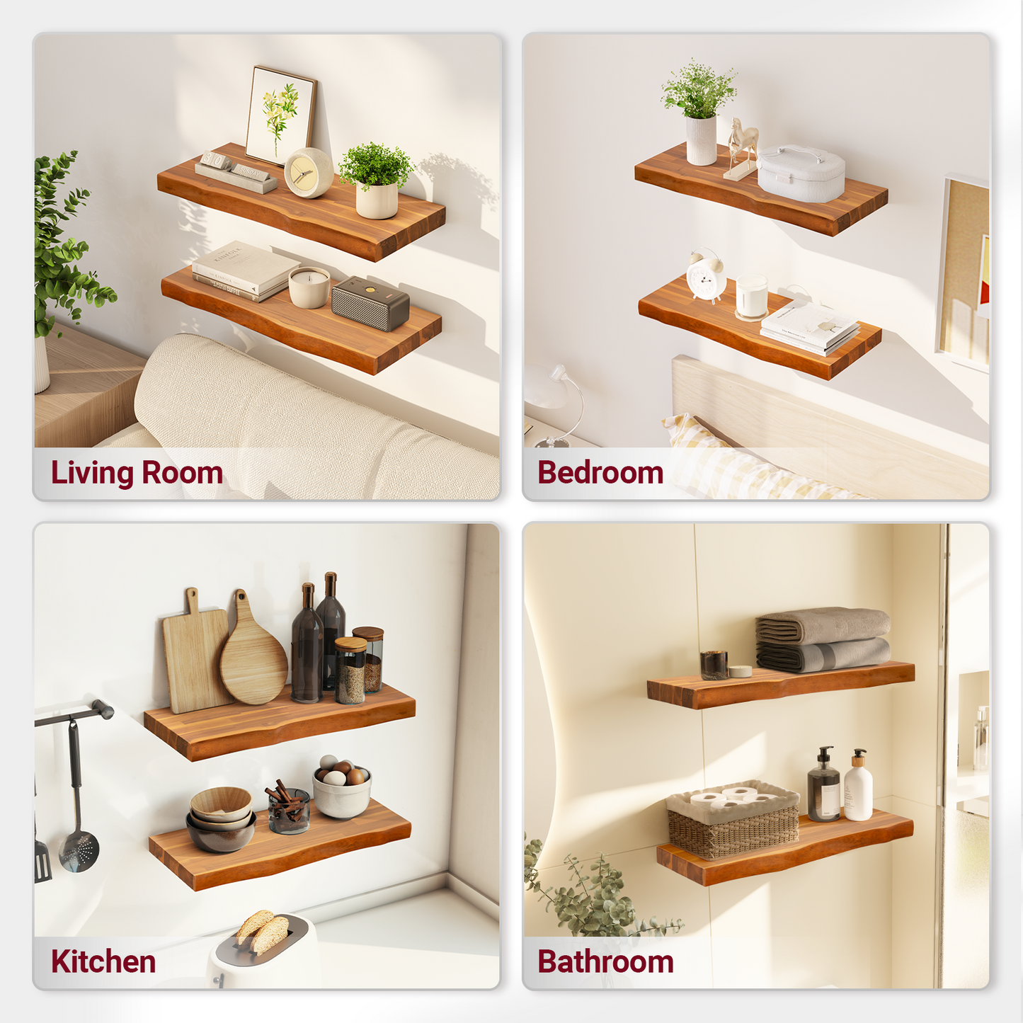 theVIEs Live Edge Floating Shelves Set of 2, 100% Solid Wood, Teak Finish