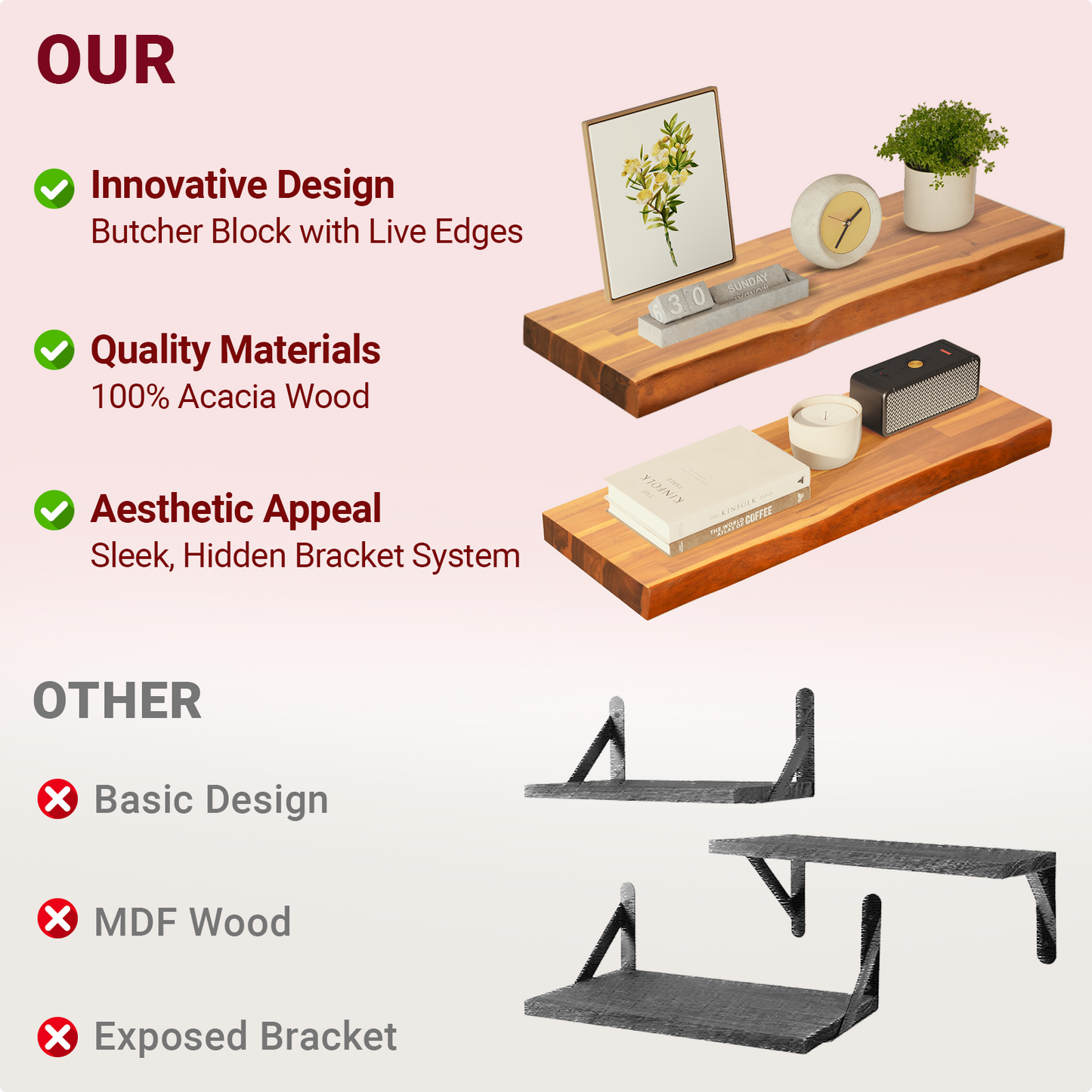 theVIEs Live Edge Floating Shelves Set of 2, 100% Solid Wood, Teak Finish