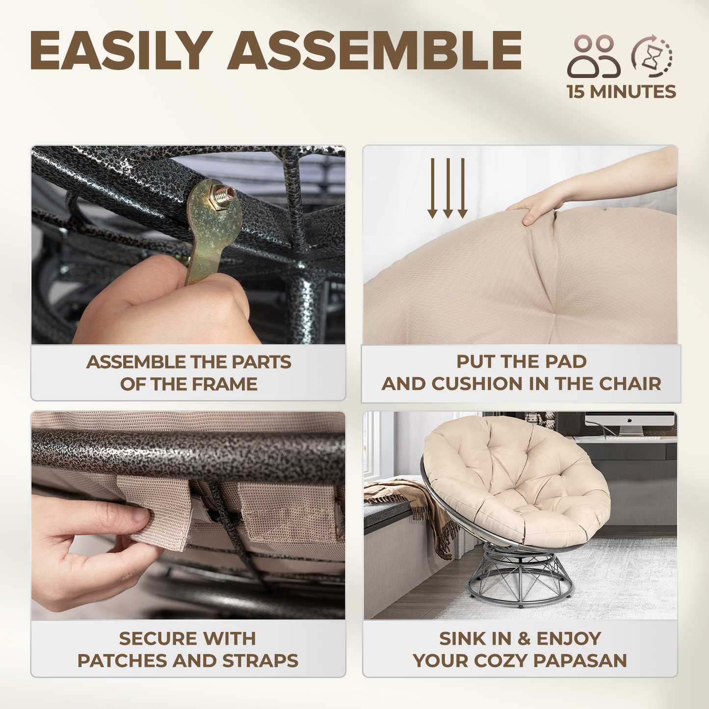 theVIEs Premium Oversized Papasan Chair – 48'' Cream Cushion