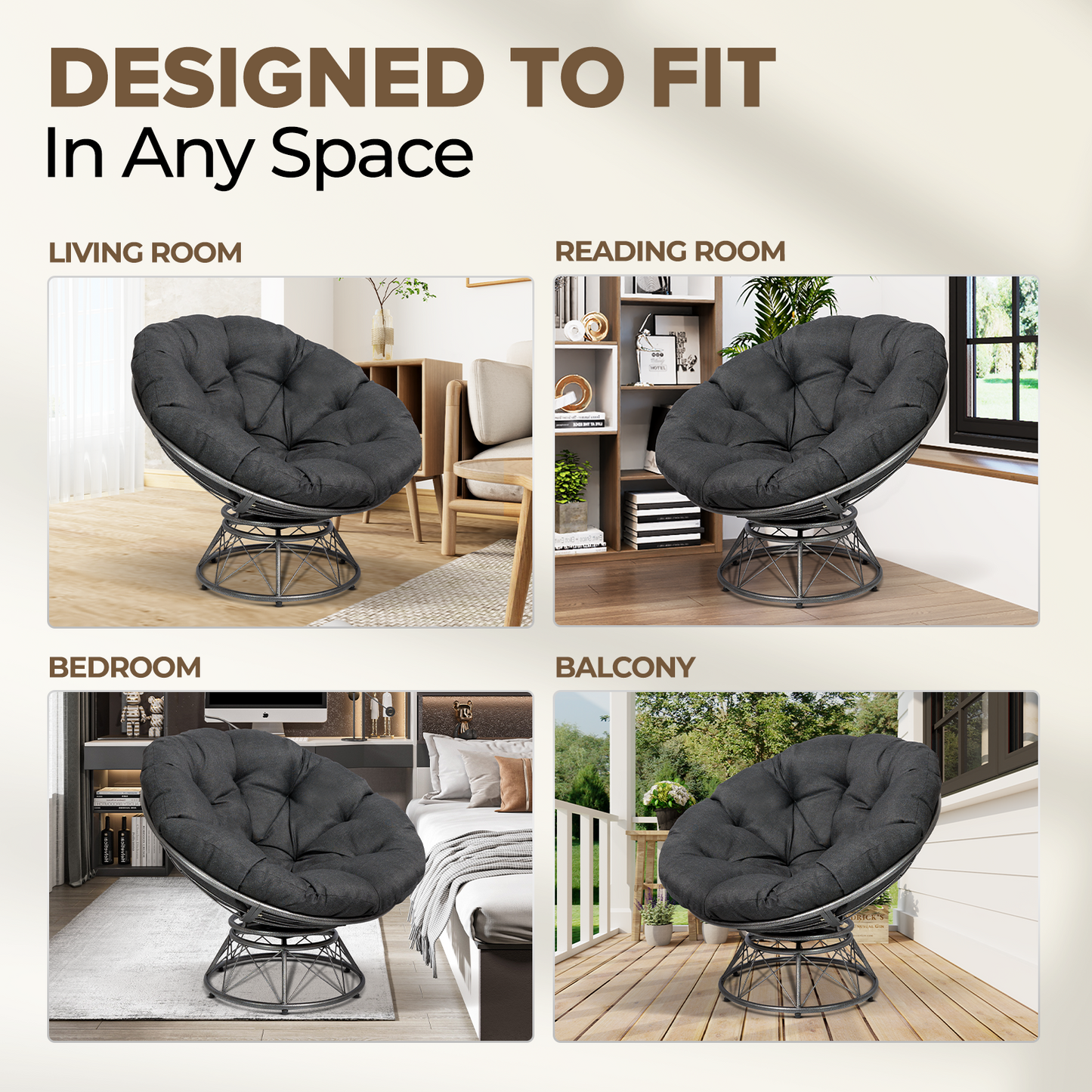 theVIEs Premium Oversized Papasan Chair – 48'' Heather Black Cushion