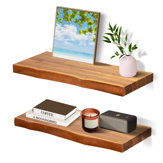 theVIEs Live Edge Floating Shelves Set of 2, 100% Solid Wood, Teak Finish