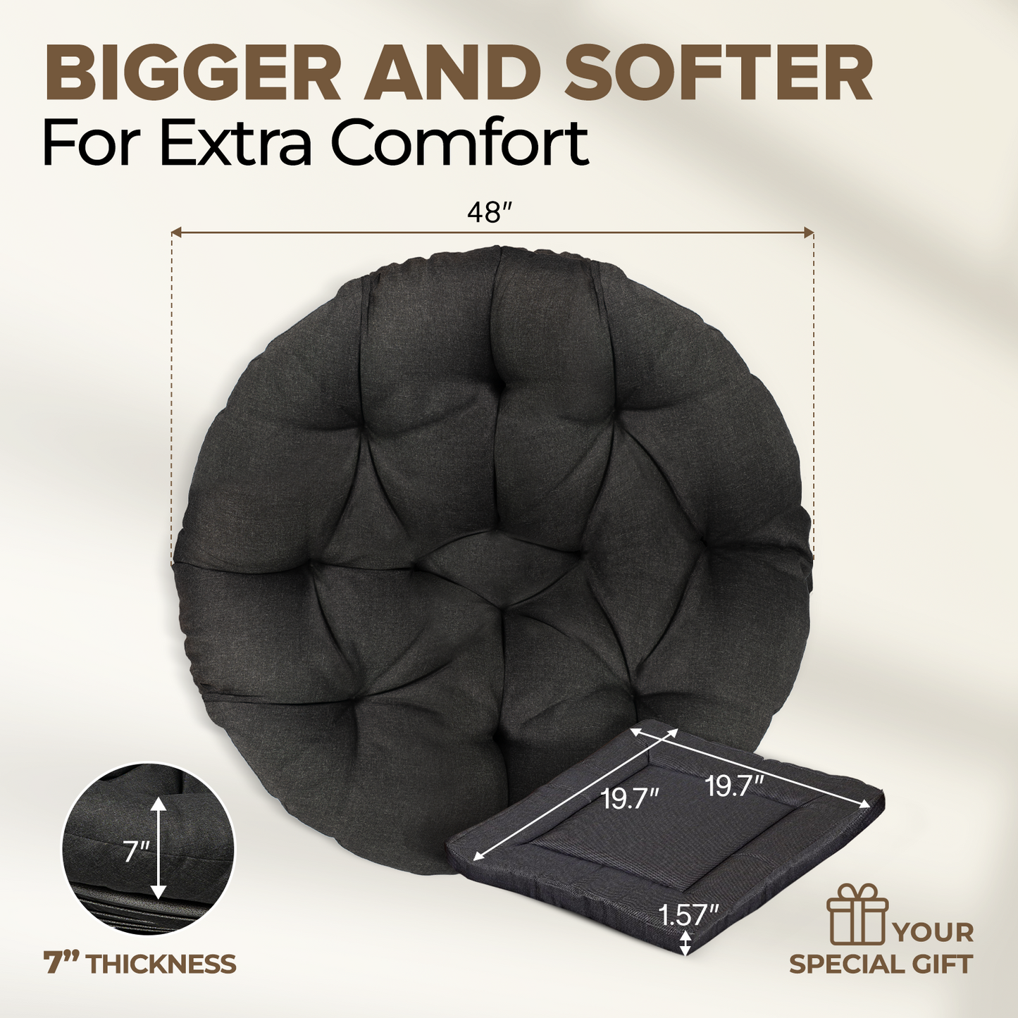 theVIEs Premium Oversized Papasan Chair – 48'' Heather Black Cushion