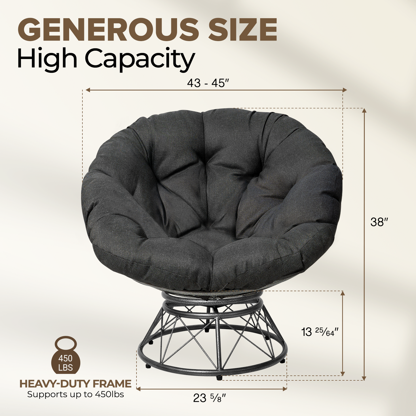 theVIEs Premium Oversized Papasan Chair – 48'' Heather Black Cushion
