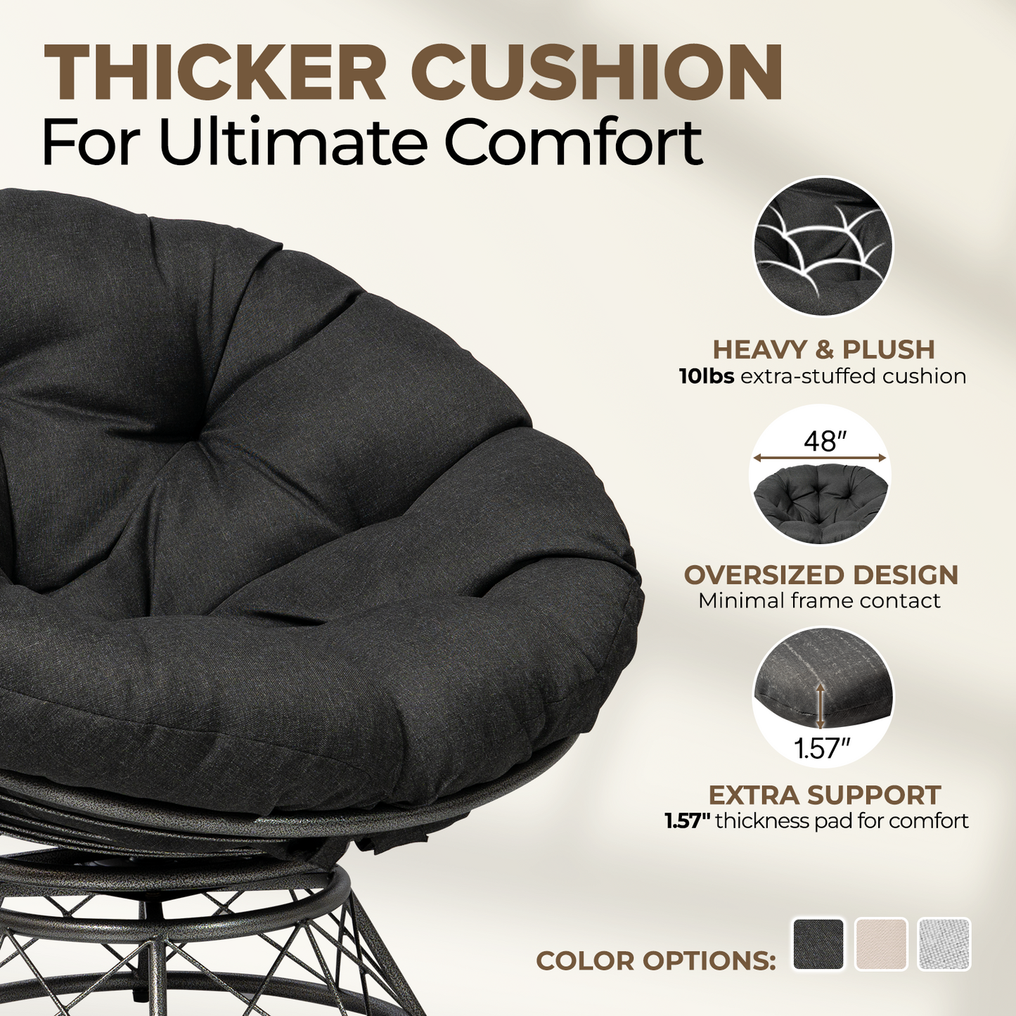 theVIEs Premium Oversized Papasan Chair – 48'' Heather Black Cushion